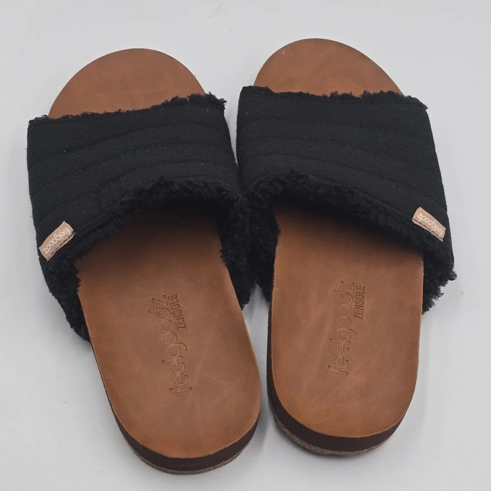 Feelgoodz Slide Sandals Women 10 Zensole Black Quilted Faux Fur EUC Cozy Slipper